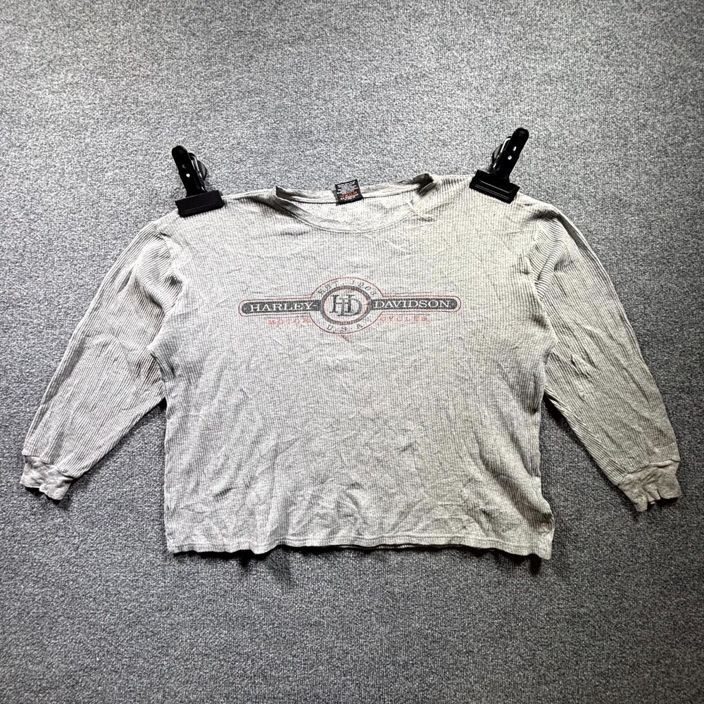 Vintage Harley Davidson T-Shirt Men's Large Gray Waffle Knit Thermal Oversized